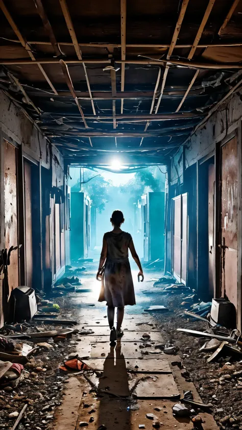 guttonerdjul23, (((a girl with the characteristics of the series "the walking dead"))) walking inside a ruined hospital after a ...