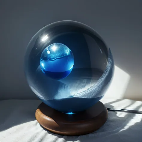 There is a blue transparent glass ball on the light velvet cloth，There is a small fish in the ball，Realistic rendering of light and shadow，CG，4k