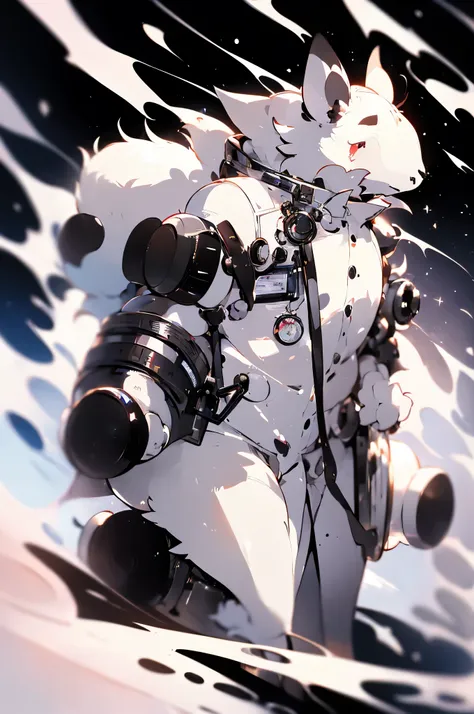 anthropomorphic white rat with a height of 1.70 meters, slender build, furry black/white hair, and sad eyes. This character seems to have a poignant demeanor, perhaps carrying a sense of melancholy or depth to their personality. RAT FURRY