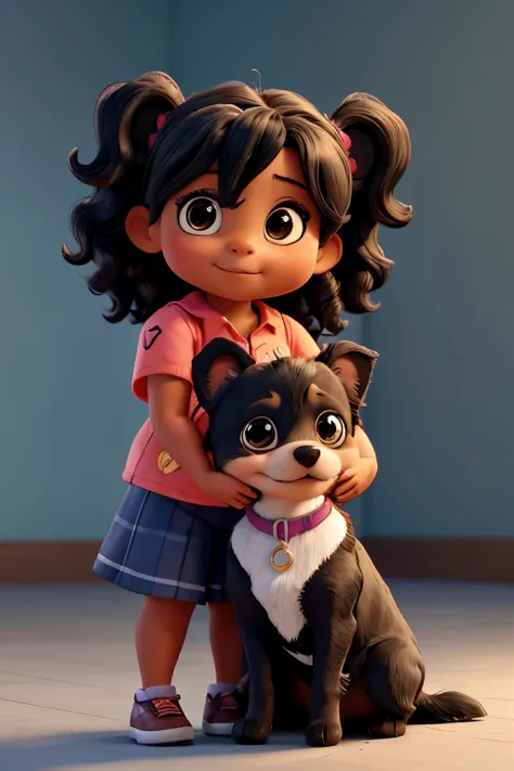 little chubby girl black latina wavy hair disney style hugging a black chihuahua dog