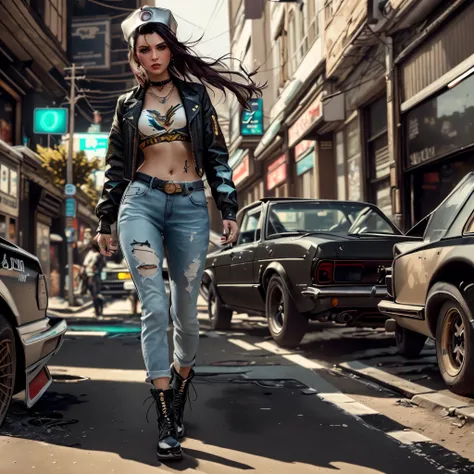 Mujer araffe caminando por la calle con una chaqueta de cuero y jeans., traje estilo cyberpunk, cyberpunk 2 0 years. o model girl, in a post apocalyptic setting, Post - Apocalyptic style, posando en una calle urbana, post - apocalyptic cowgirl, en un ambie...