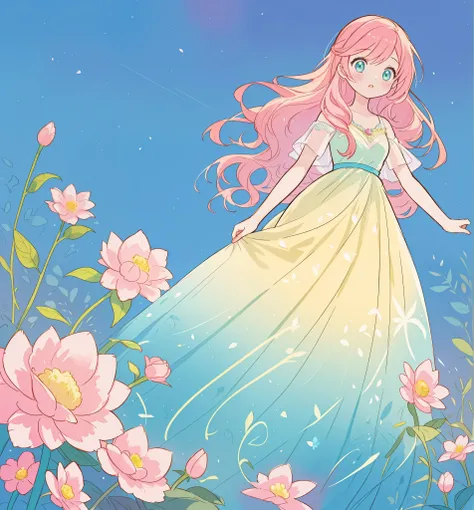 beautiful girl in yellow mint gradient flowing ballgown, otherworldly round pink flowers, whimsical landscape, long pink flowing hair, watercolor illustration, inspired by Glen Keane, inspired by Lois van Baarle, disney art style, by Lois van Baarle, by Gl...