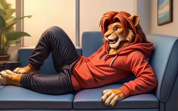 Barefoot furry character, full body, furry boy.

Muscular barefoot hypnotised young Simba (Simba as kid) in casual teens clothes (hoodie, long pants) lying on a modern grey couch in a psychologists office, undergoing hypnotherapy, watching crystalball with...