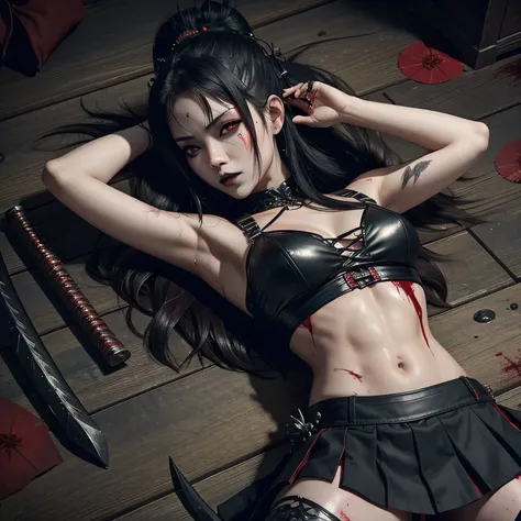 1 girl, sexy, beautiful samurai, katana, samurai, muscular abs, navel, fantasy, sensual, cropped corset goth top, mini skirt, beautiful asian goth girl, sexy, deep navel, heavy goth makeup, armpit, fighting, sweaty skin, blood, wounded, undead, red blood, ...