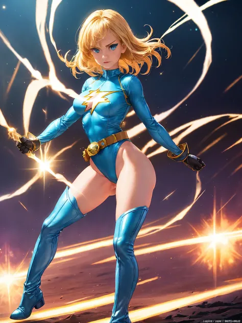 1girl, medium breasts, ((leotard, highleg leotard, light blue leotard)), (lighting bolt emblem on chest), bare legs, (tight belt), boots, matching boots, gloves, solo, single, standing, full body shot, cowboy shot, superhero, beautiful detailed eyes, power...