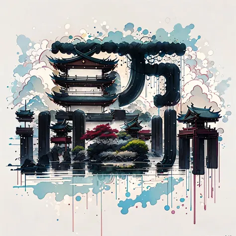 (Depth of field effect) (Ancient Chinese buildings on an isolated island), (tower, building) (pavilion,Miscellaneous trees, cloud, green trees, maple, mangrove, small stone, birdie), Chinese watercolor style, (Chinese painting风格), Chinese landscapes,Chines...