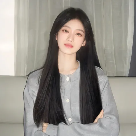 arafed woman 黑色long hair sitting on a couch, long hair, Black straight hair, Nam Jae Hwa, black pink josie&#39;portrait, 黑色long hair, 留着黑色long hair, Xintong Chen, Cui Xianhua,Li Zhien, avatar avatar