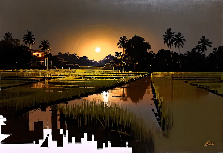 art by Aries Moross,art by Bob Byerley, landscape of a Metallic Rice paddy, at Dusk, AshleyWoodArtAI, Greg Rutkowski