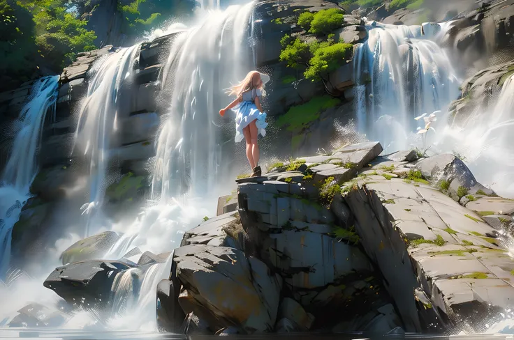 High detail, 8K, ultra HD, high quality, Anime studio, create a image relistict, best lighting , waterfall beautifull, perfect light, Daylight, Foggy blur, dreamer, lovely girl, beautiful girl stand on the Rock, a wearing dress maxi