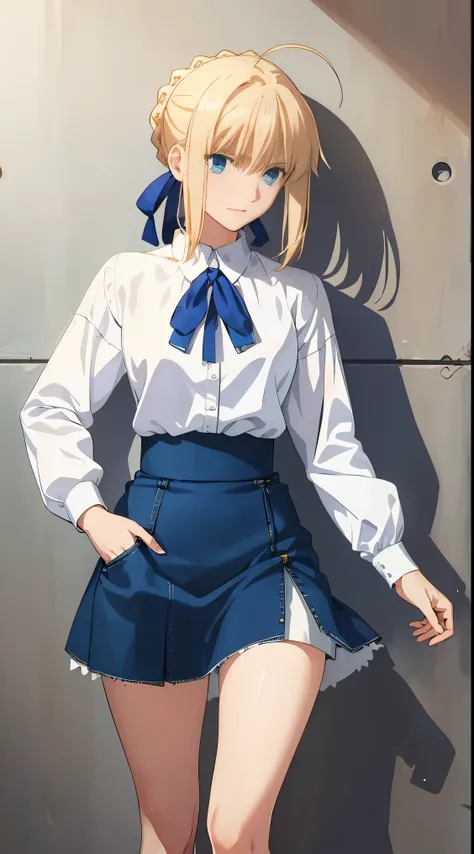 (masterpiece:1.4), (best quality:1.4), realistic, 1girl, artoria pendragon (fate), (((white shirt,denim’s very short skirt 