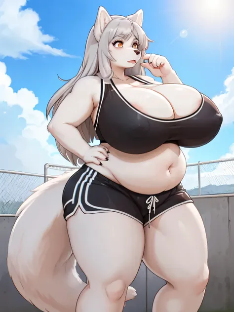  (a huge white female wolf furry), white fur, brown eyes, long silver hair, (huge breasts), plump, bbw, big tummy, sports bra, short dolphin shorts, in random place, cenematic, dreadful scenery