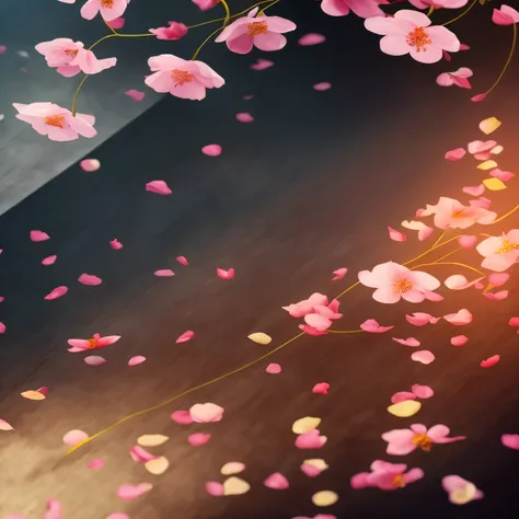 There is a picture of flowers on the table, Falling cherry blossom pedal, Falling cherry blossom pedal, Sakura petals围绕着她, cherry blossoms falling, flowing cherry blossom silk, Flowing cherry blossom colored silk, Petals fall everywhere, Petals fall, Sakur...