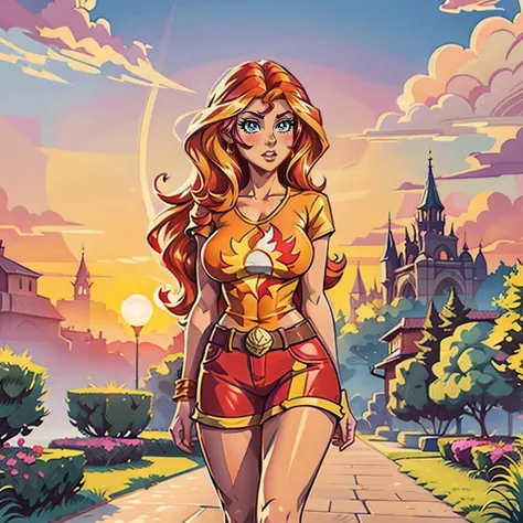 sunset shimmer bare big breasts, full body portrait with high heeled boots, cowboy shot, full-length, sunset shimmer aged 25, to...