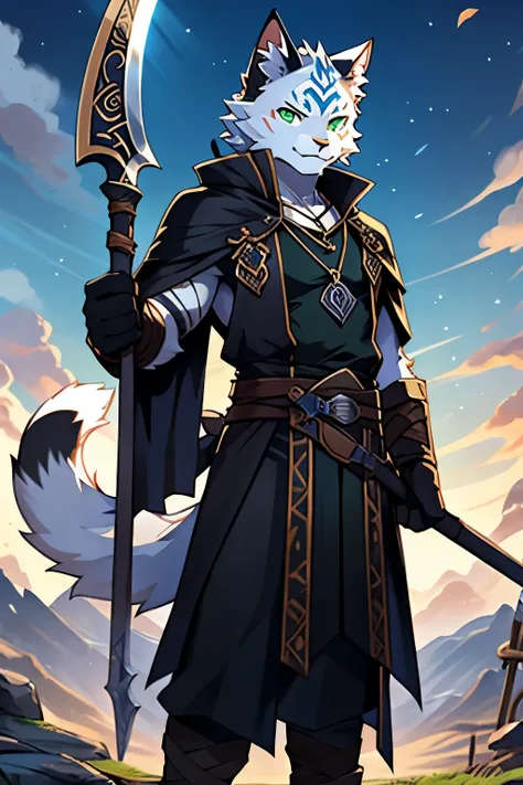 hairy,1 boy, white cat boy，young，middle earth，exquisite, detailed，clear，dynamic poses，black grim reaper outfit，green eyes，There is an iron ring at the tail，There is a pendant on the chest，Black inverted triangle tattoo on forehead，white fur，short hairy tai...