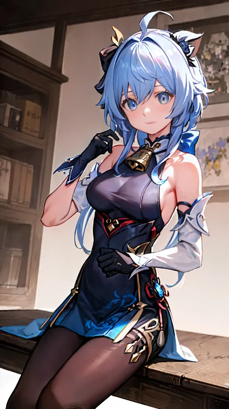 (photoactual:1.4), (masterpiece, side light, Delicate and beautiful eyes: 1.2), masterpiece*portrait, actual, 3d face, 
employment (Genshin Impact), 1 girl, ahog, architecture, Bangs, bare shoulders, bell, black Gloves, black pantyhose, (blue hair), blush,...