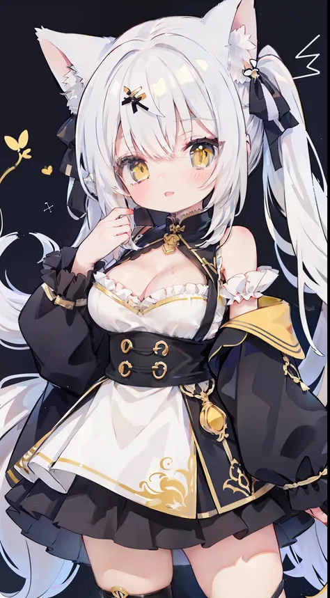 One girl、white  hair、Wink、piece sign、Shoulder-length clothing、Twin-tailed、High twin tails、yellow  eyes、black ribbon on the head、fox-ears、big breast