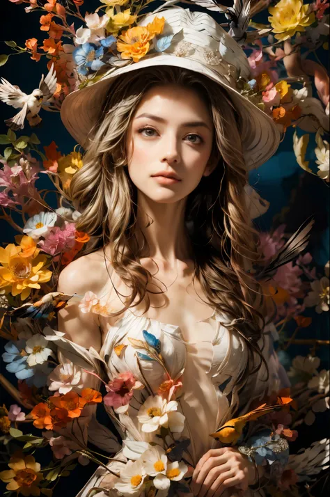 1girl,(full body:1.4),dolichoscelia,bare foot,solo,hat flower,
cinematic lighting,strong contrast,romantic realism style,high level of detail,(dreamlike scenes),Rose,Yellow flower,Red flower,The bird,unit,Make up,jewel,Headwear,dress,bare shoulders,