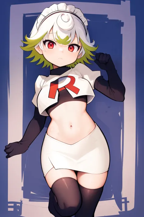 1girl, prushka, short hair, multicolored hair, medium breasts, maid headband,  looking at viewer, :, team rocket,team rocket uniform,white skirt,red letter R,crop top,black thigh-highs,black elbow gloves