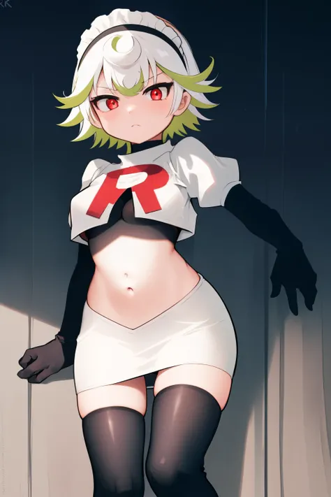1girl, prushka, short hair, multicolored hair, medium breasts, maid headband,  looking at viewer, :, team rocket,team rocket uniform,white skirt,red letter R,crop top,black thigh-highs,black elbow gloves