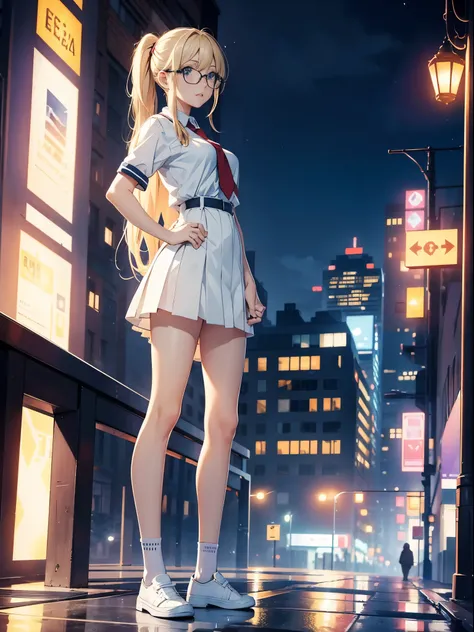 masterpiece, best quality, highres, 1girl, solo, high school uniform, bare legs, looking at viewer, light particles, city backdrop, perfect hands, perfect eyes, perfect legs, perfect arms, perfect fingers, blonde hair, blue eyes, medium breasts, long hair,...