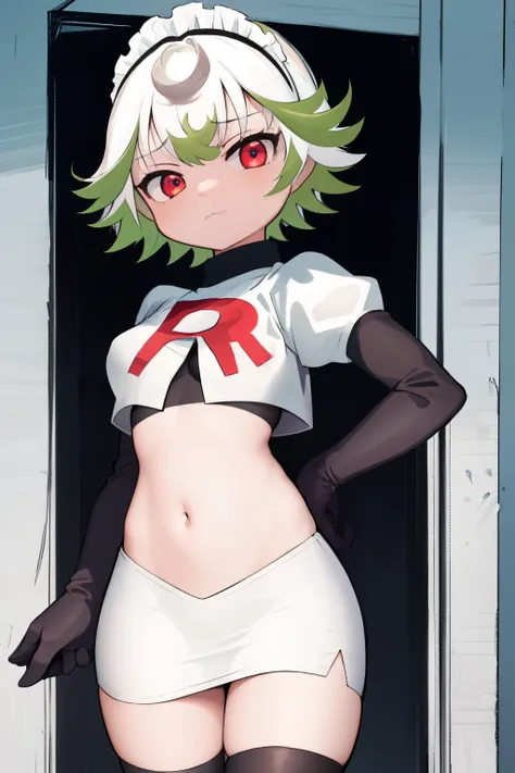 1girl, prushka, short hair, multicolored hair, medium breasts, maid headband,  looking at viewer, :, team rocket,team rocket uniform,white skirt,red letter R,crop top,black thigh-highs,black elbow gloves