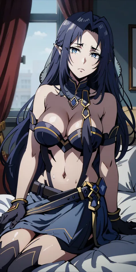 long hair, dark-blue hair, pointy ears, anatomically correct, 1girl, belt, breasts, indoors, earrings, looking_at_viewer, sitting, solo, sweat, jewelry, lips, on_bed, bed, closed_mouth, shiny, medium_breasts, hollow eyes, dark-blue eyes, lips, sad expressi...