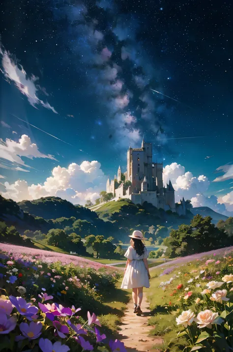 有A girl stands in the flower field仰望天空, A girl stands in the flower field, A girl walks in a flower field, Get lost in a dreamy wonderland, Standing in the flower field, fantastic numbers, The sky is gradually clearing up, The starry sky gradually receded