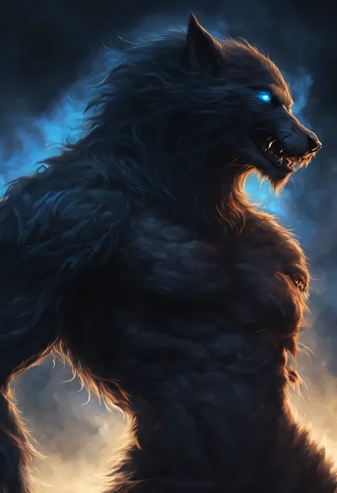 (Best quality,A high resolution,Masterpiece:1.2),ultra detailed,Realistic, dark fantasy art, black werewolf with blue eyes, Black background, moonlight shines on the werewolf&#39;s fur, sharp fangs, gaze, Mysterious atmosphere, glowing blue veins on the we...