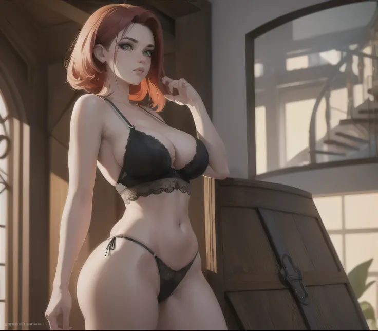 garota baixa, quadris largos, coxas grossas, standing up pose, corpo inteiro, peitos enormes,um close de uma mulher em lingerie posando em duas poses diferentes, concept art by senior character artist, art-station, arte conceitual, thicc,  anime sedutora, ...