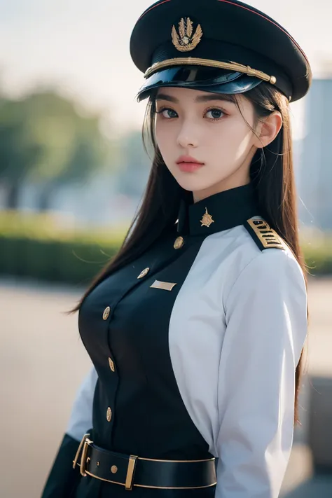 beautiful woman, long twintail, strict white military uniform that form her body, black captain military hat, firm pose, lots of badges on uniform, impossing, dashing pose, bewitching eyes, angry serious expression, standing, military base, outdoor ,bokeh,...