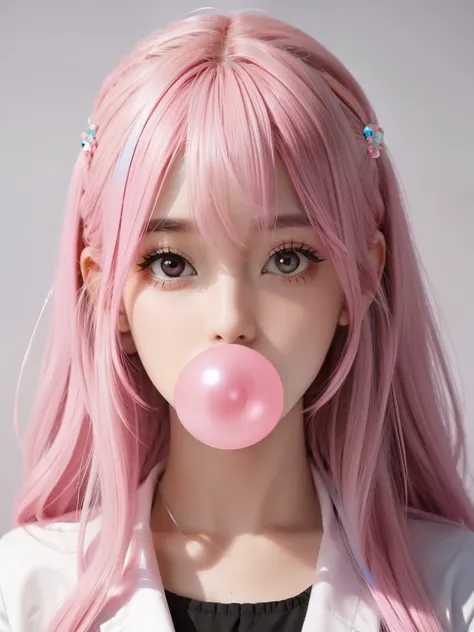 1girl, woman, blowing bubble gum, pink hair