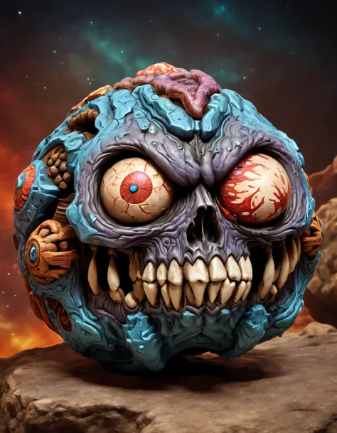 madball cosmic asteroid skull ballz prehistoric background high saturation highres detailed