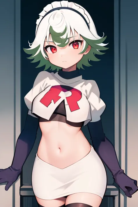 1girl, prushka, short hair, multicolored hair, medium breasts, maid headband,  looking at viewer, :, team rocket,team rocket uniform,white skirt,red letter R,crop top,black thigh-highs,black elbow gloves