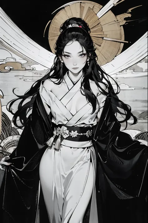 Umalinda warrior sexy, pretty face, Delicious Company, Alluring figure, Wearing a sexy open kimono. The artwork is created in a medium reminiscent of Japanese ink paintings....., 具有大胆的笔触和Monochromatic color palette. artist&#39;Masterful technique reveals t...