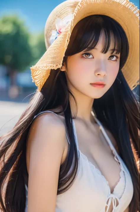 Anime girl with long black hair wearing a straw hat, anime style 4k, beautiful anime portrait, anime moe art style, anime art wallpaper 4k, anime art wallpaper 4k, High quality anime art style, anime style portrait, Gweiz, artwork in the style of Gweiz, de...