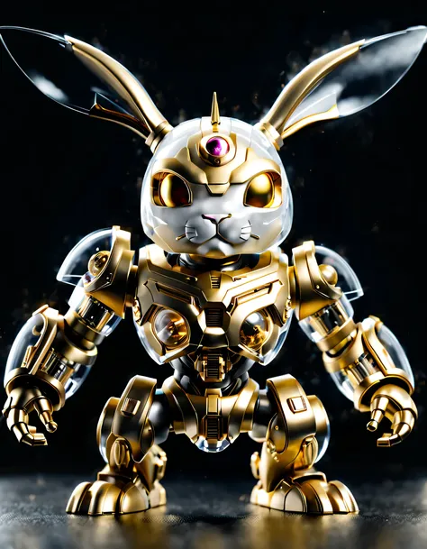 (Blind box toy style:1.2),Anthropomorphic mecha transparent metal rabbit, full view, Pure black background, white and gold color scheme. Fighting stance on the ground, Exquisite white transparent glass mechanical armor, Metal mechanical mask, (Precision lu...