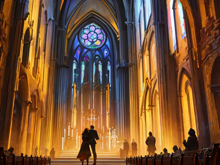 (Masterpiece, top quality, Best quality,Official art, beautiful and aesthetically pleasing:1.2), leading lines, light transmission BREAK bright colors, Gothic cathedral in black-brown-orange palette, stained glass windows, magical light, shiny dust particl...