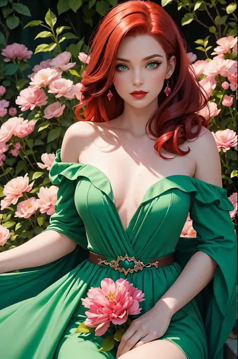 adult, beautiful, redhead, side part hairstyle, dark green eyes, pink dress,  sorcerer, big , charmed face, fantasy, magical, perfect body shape, red lips, flowers background, green spring, blue rever