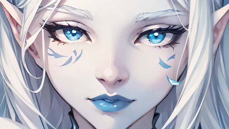 jarael, pale white skin, white hair, ((blue lips)), facial tattoos, naked, medium breasts, on the beach, close up on face, cute