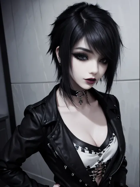 1girl, woman, emo_hairstyle, black lipstick, hands on hip, big choker, eyeliner, eye shadow, mascara, smoky eyes, black lips, be...