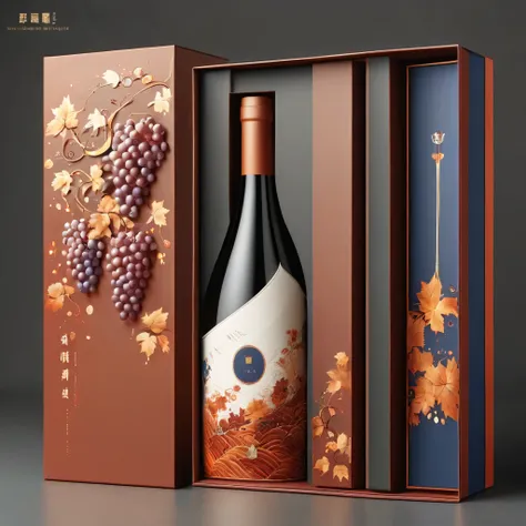 renderings，three dimensional，wine gift box，奢华设计的意大利葡萄wine gift box包装，Packaging modern，Using Italian modern fashion elements。colorful，mixed with white，orange color，Red，the box is structuRed to hold a bottle of fine wine，The surface is decorated with intrica...