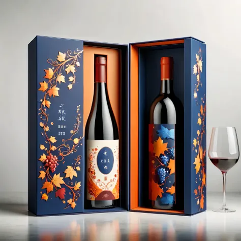 renderings，Luxuriously designed Italian wine gift box packaging，Packaging modern，Using Italian modern fashion elements。colorful，mixed with white，orange color，Red，the box is structuRed to hold a bottle of fine wine，The surface is decorated with intricate bl...