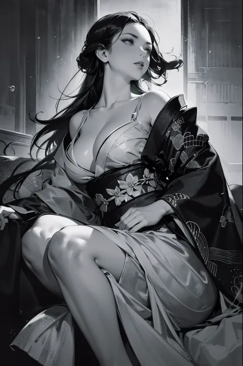 Umalinda warrior sexy, pretty face, Delicious Company, Alluring figure, Wearing a sexy open kimono. The artwork is created in a medium reminiscent of Japanese ink paintings....., 具有大胆的笔触和Monochromatic color palette. artist&#39;Masterful technique reveals t...