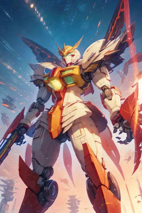 a close up of a robot standing on a surface with a sky background, on a gundam, gundam robot, an anime large mecha robot, super robot wars, gundam is windmill shaped, mobile suit gundam, gundam, extreme gundam, modern mecha anime, gundam style, barbatos gu...