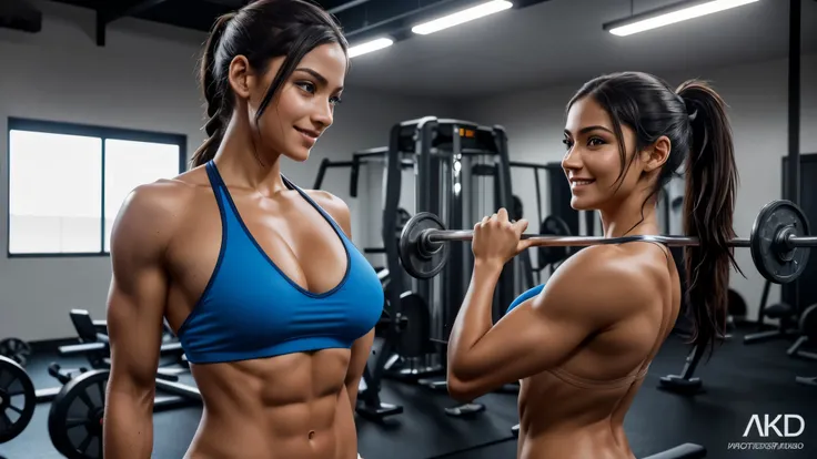 Isabela Merced and friend in a gym, hair in a ponytail, blue eyes, smiling, abs, (huge :1.3), Real Life, full bodyshot, (naked:1.3) Ultra Realistic, Photorealism, Photography, 8K UHD, Photo, HDR, Complex and Elegant, Highly Detailed, Sharp Focus, Stunning,...