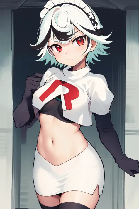 1girl, prushka, short hair, multicolored hair, medium breasts, maid headband,  looking at viewer, :, team rocket,team rocket uniform,white skirt,red letter R,crop top,black thigh-highs,black elbow gloves