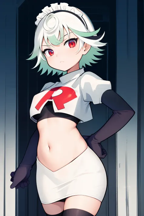 1girl, prushka, short hair, multicolored hair, medium breasts, maid headband,  looking at viewer, :, team rocket,team rocket uniform,white skirt,red letter R,crop top,black thigh-highs,black elbow gloves