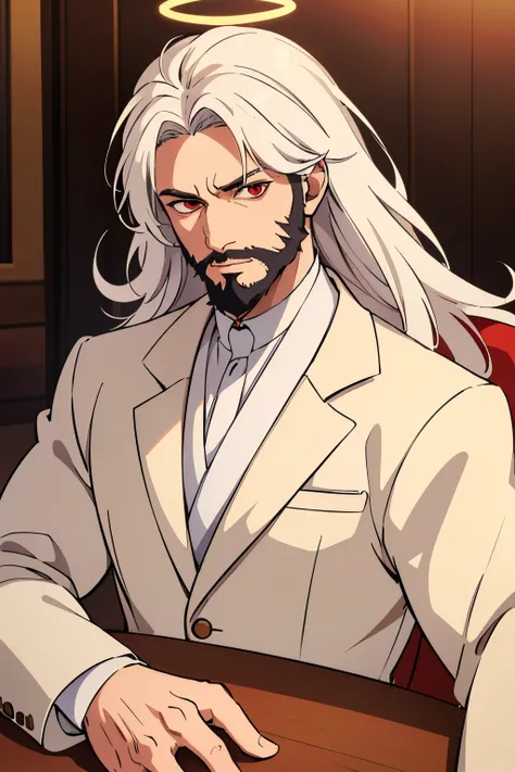 (best quality,4k resolution,ultra-detailed,masterpiece:1.2),anime style,dark tones,portrait of a mature man with long white hair and beard,red eyes, wearing a white suit,sitting in a meeting room, surrounded by elegant furniture and a large wooden conferen...