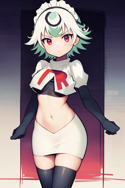 1girl, prushka, short hair, multicolored hair, medium breasts, maid headband,  looking at viewer, :, team rocket,team rocket uniform,white skirt,red letter R,crop top,black thigh-highs,black elbow gloves