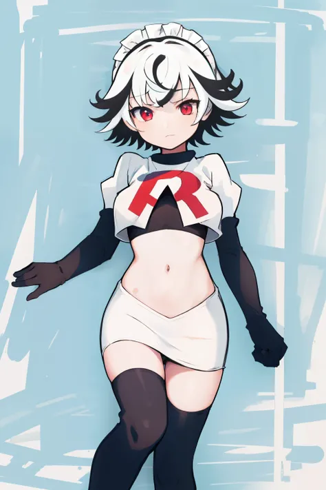 1girl, prushka, short hair, multicolored hair, medium breasts, maid headband,  looking at viewer, :, team rocket,team rocket uniform,white skirt,red letter R,crop top,black thigh-highs,black elbow gloves